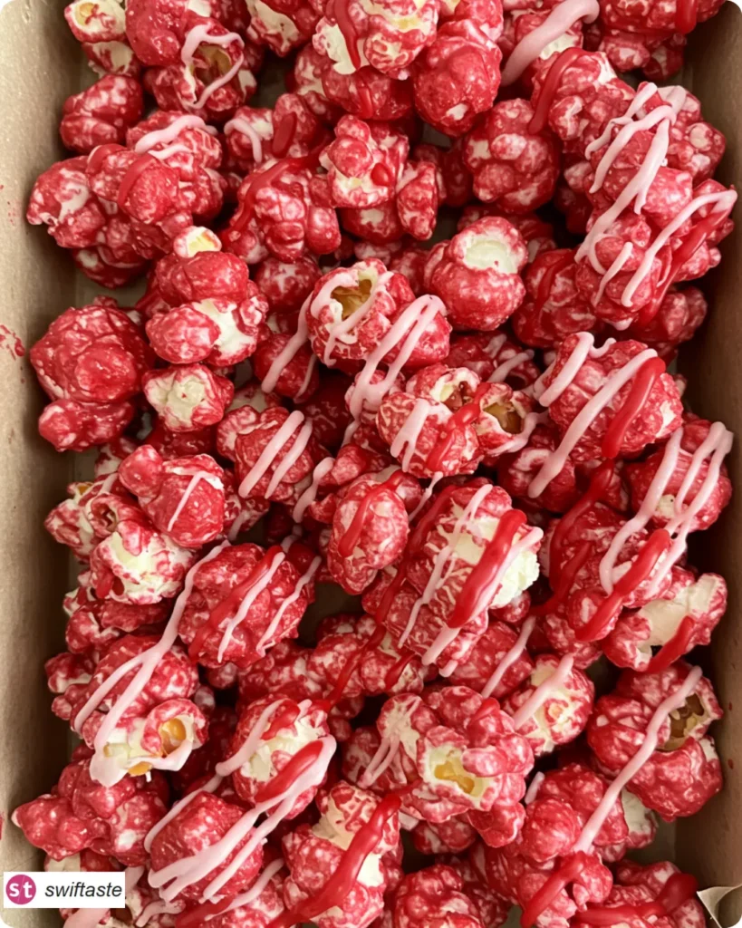 Bloody Red Velvet Popcorn with white chocolate and red “blood” drizzle