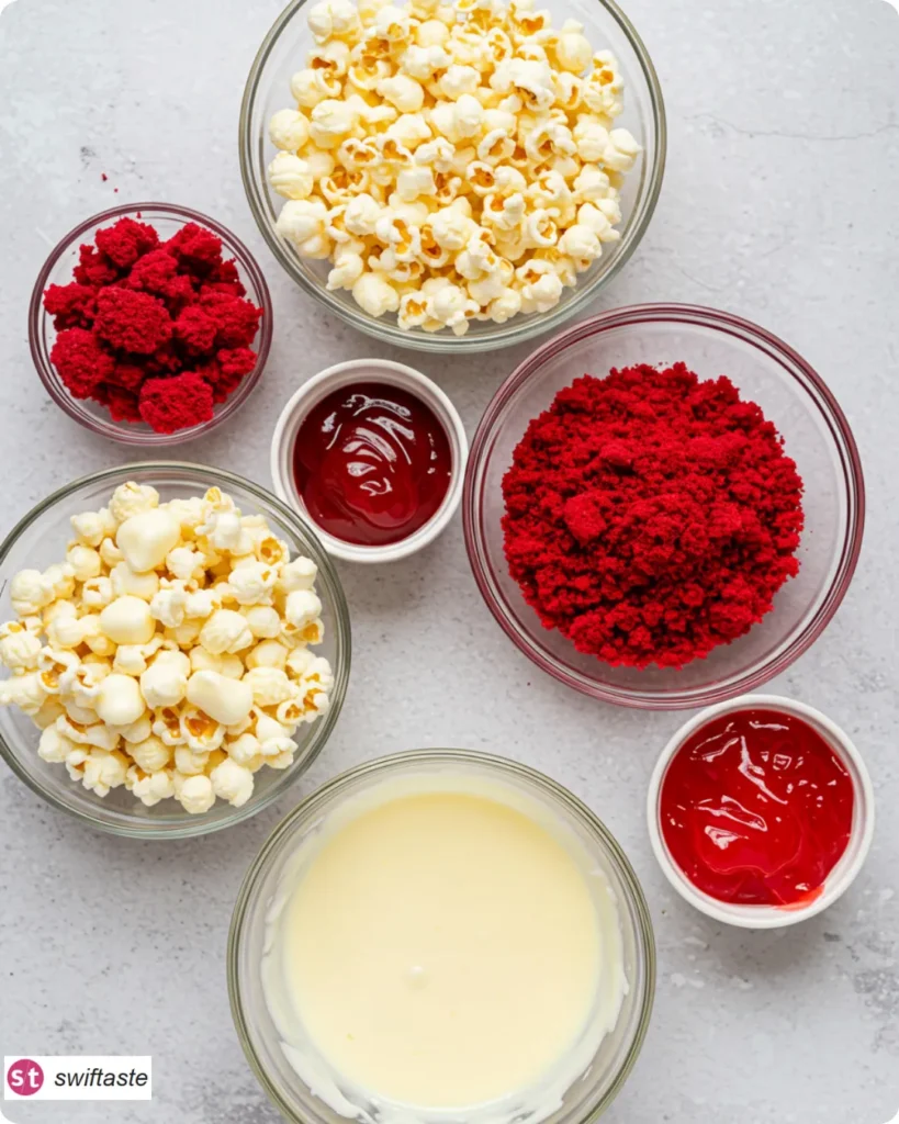 Ingredients for Bloody Red Velvet Popcorn with red velvet crumbs and white chocolate