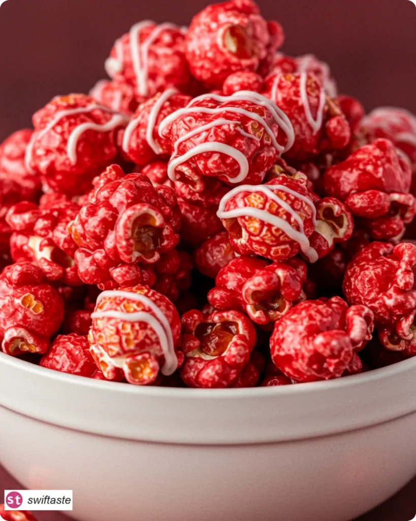Bloody Red Velvet Popcorn served with vivid red drizzle