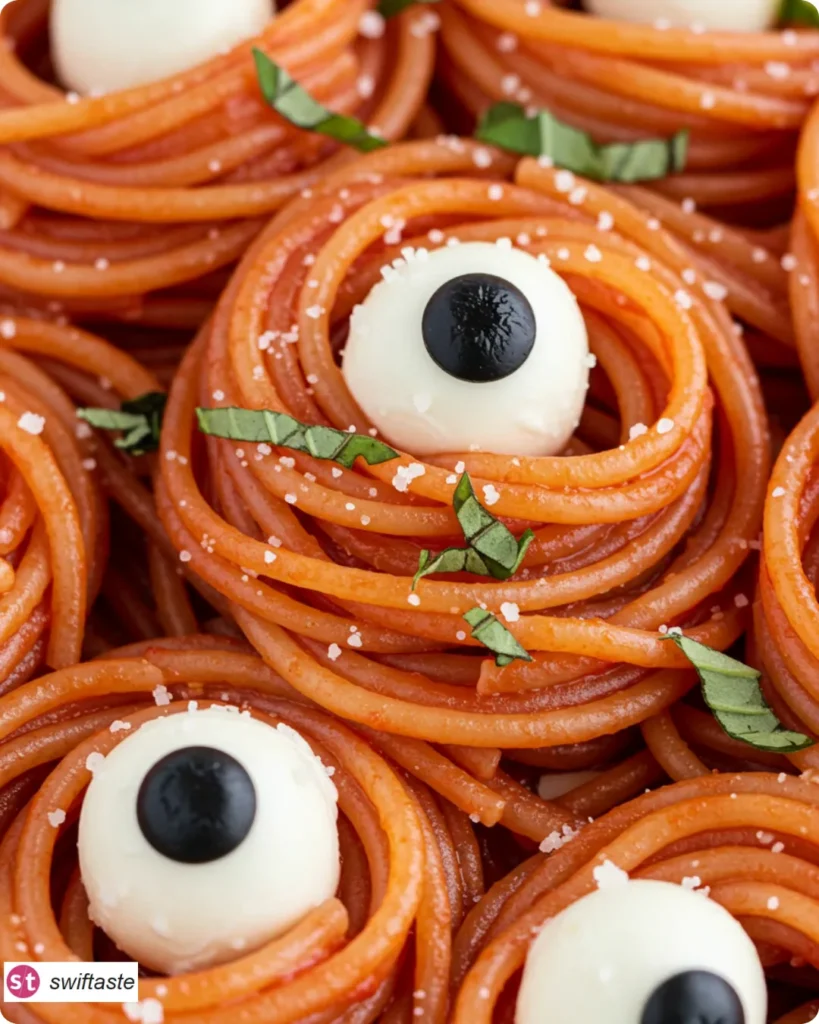 Bloody Spaghetti with Mozzarella Eyeballs in glossy red sauce