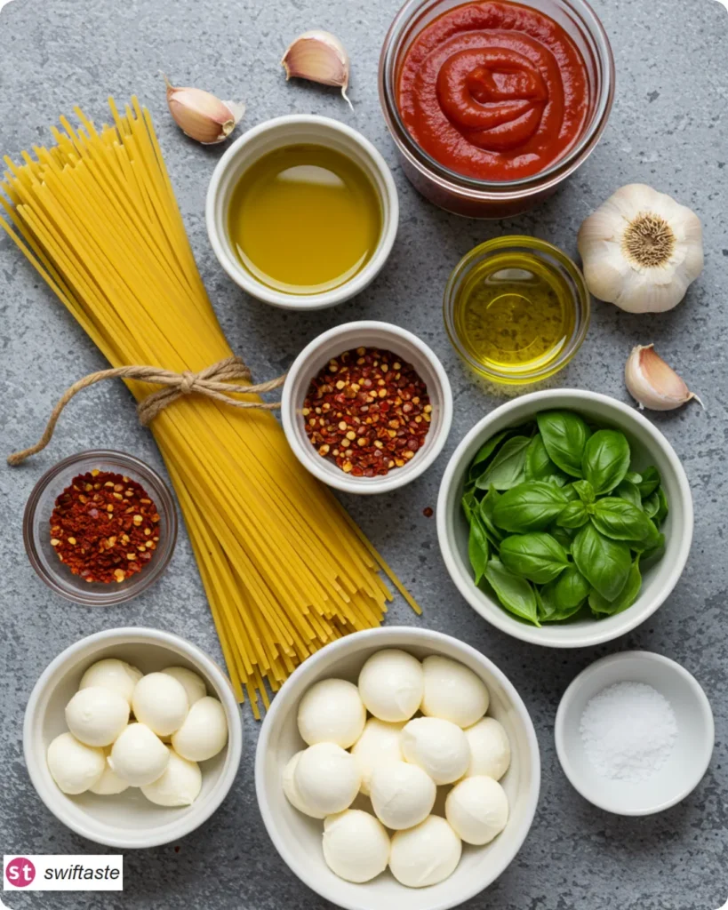 Ingredients for Bloody Spaghetti with Mozzarella Eyeballs arranged overhead