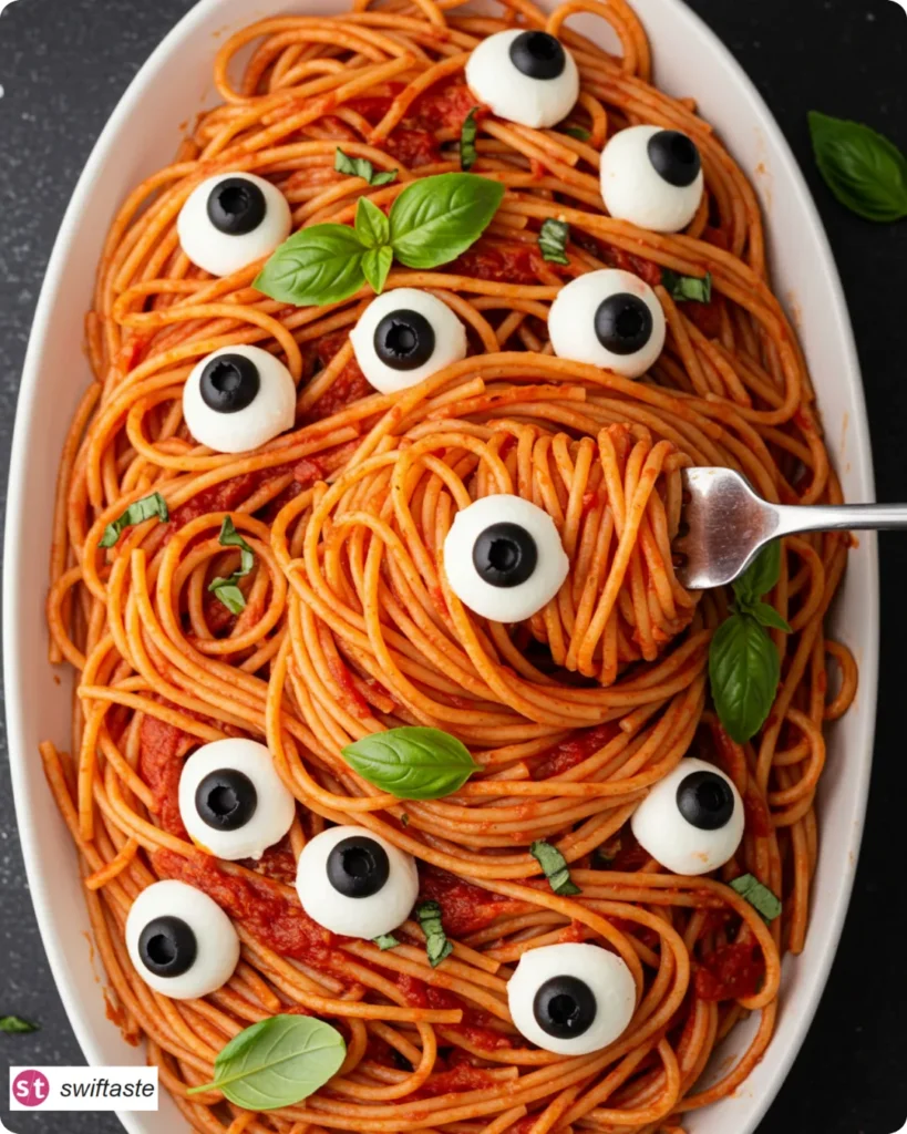 Family-style Bloody Spaghetti with Mozzarella Eyeballs on a platter