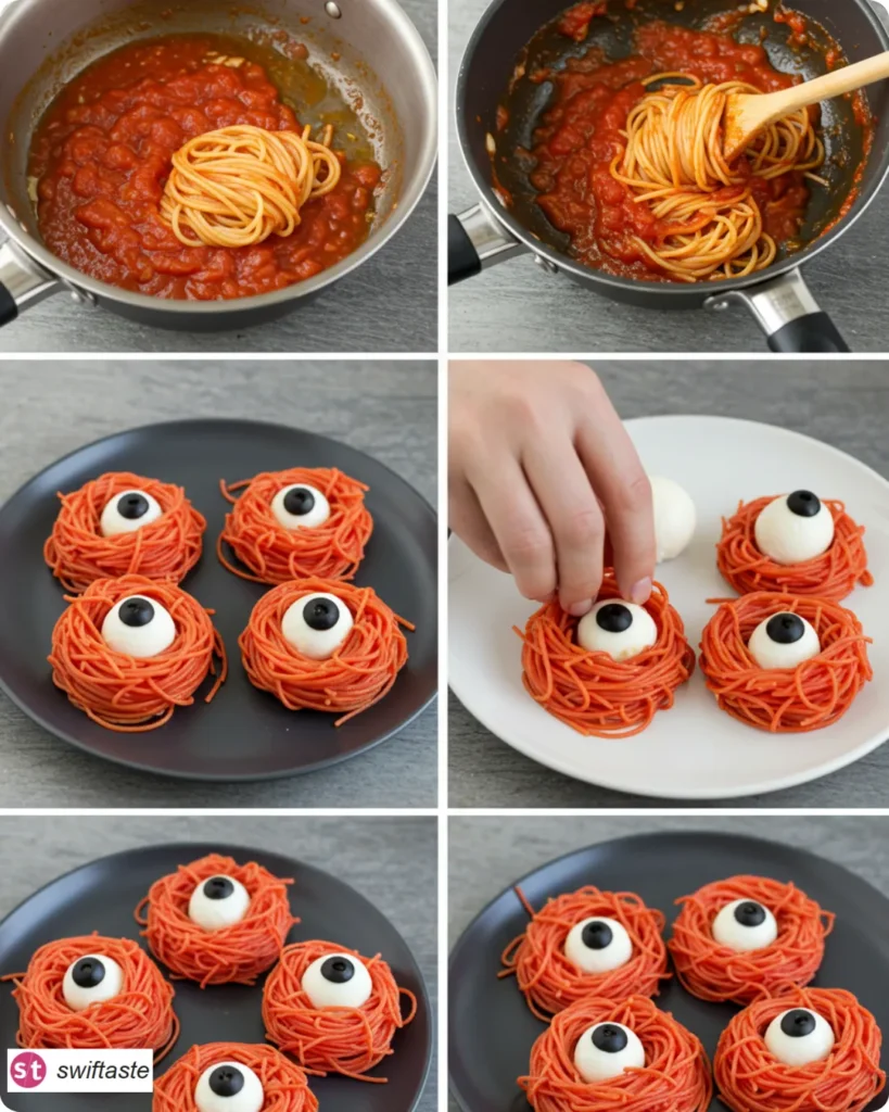 Bloody Spaghetti with Mozzarella Eyeballs steps