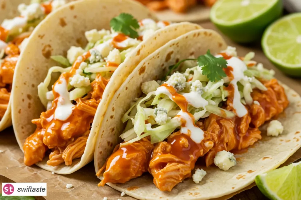 Buffalo Chicken Tacos with saucy chicken, slaw, and blue cheese