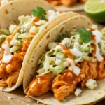 Buffalo Chicken Tacos with saucy chicken, slaw, and blue cheese