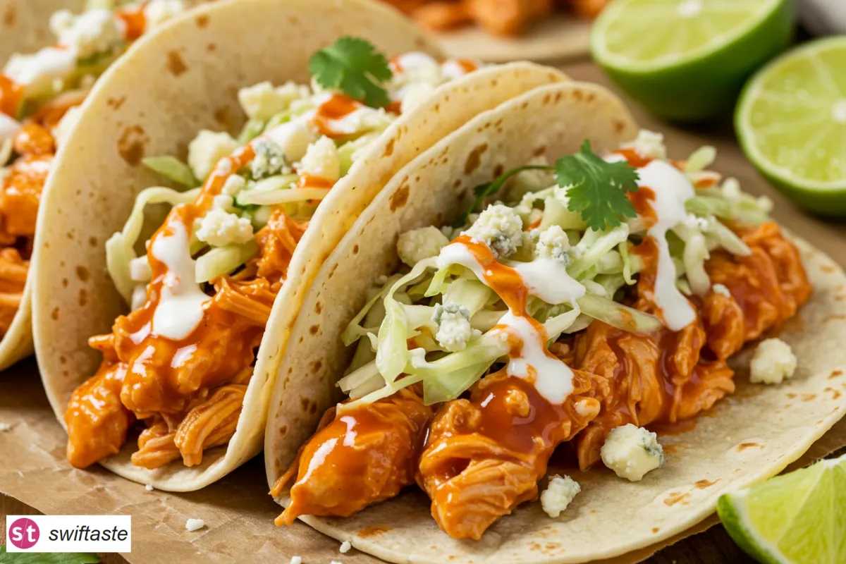 Buffalo Chicken Tacos with saucy chicken, slaw, and blue cheese