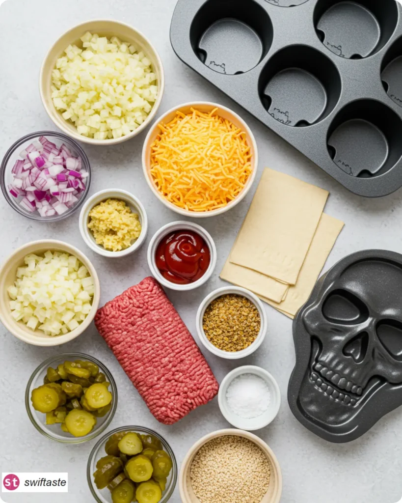 Ingredients for Cheeseburger Skulls with beef, cheddar, and crescent dough