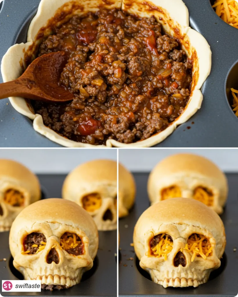 Step-by-step Cheeseburger Skulls from filling to golden baked skulls