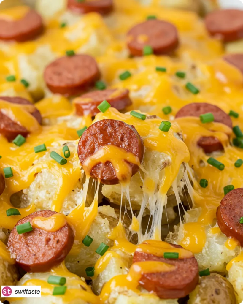 Cheesy Ranch Potatoes and Smoked Sausage with melted cheddar
