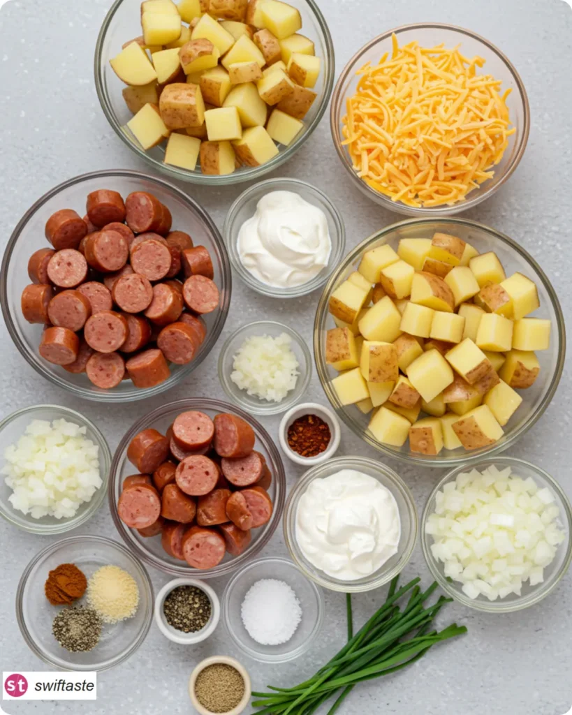 Ingredients for Cheesy Ranch Potatoes and Smoked Sausage arranged overhead