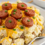 Plated Cheesy Ranch Potatoes and Smoked Sausage with chives