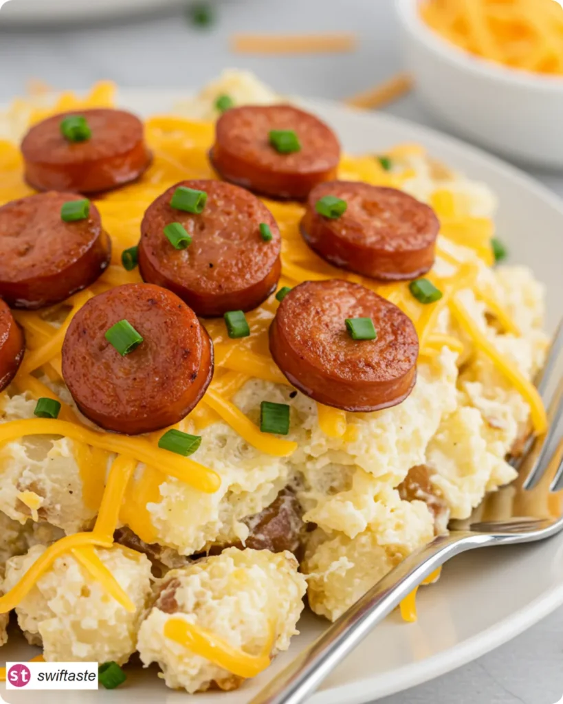 Plated Cheesy Ranch Potatoes and Smoked Sausage with chives