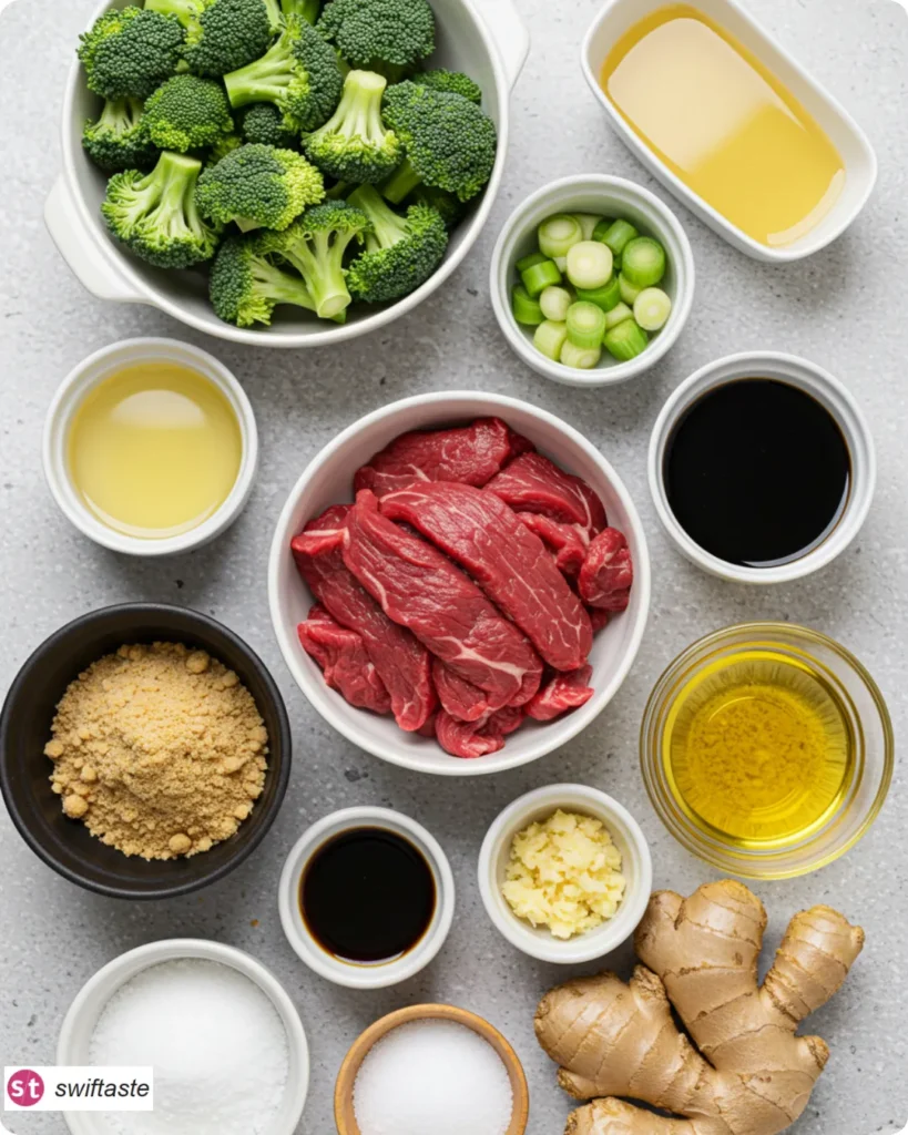 Ingredients for Chinese Beef and Broccoli including steak, broccoli, and sauces