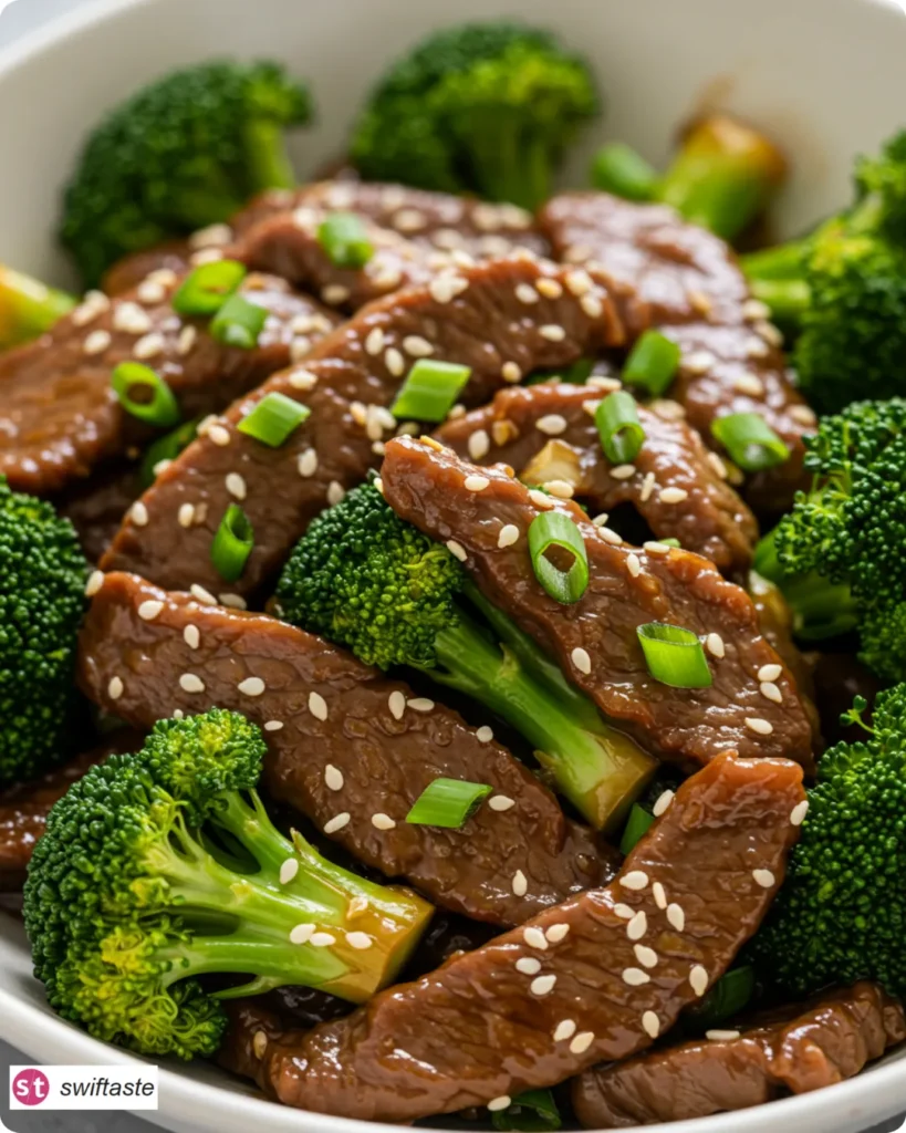 Served Chinese Beef and Broccoli with sesame and scallions