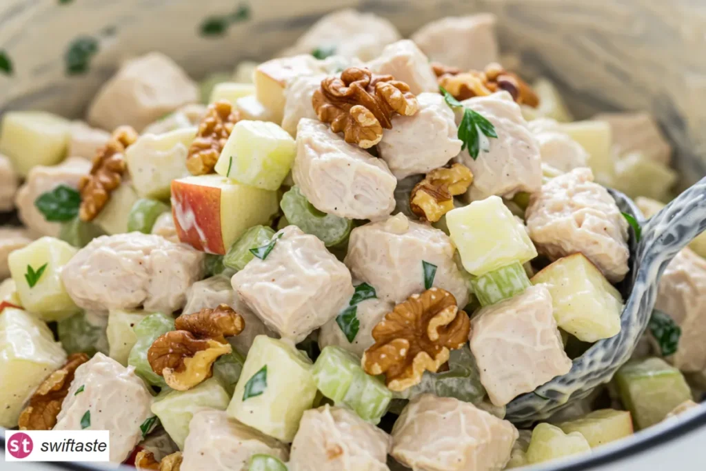 Creamy Apple Walnut Chicken Salad close-up with apples and walnuts