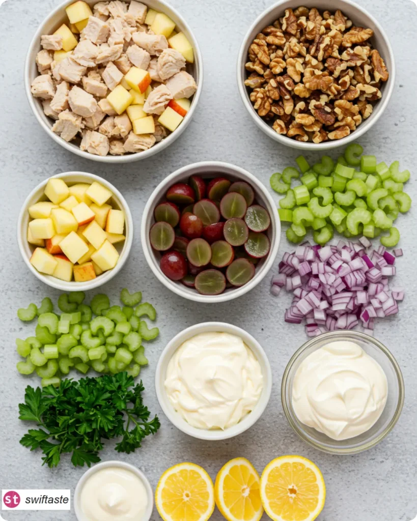 Ingredients for Creamy Apple Walnut Chicken Salad arranged flat-lay