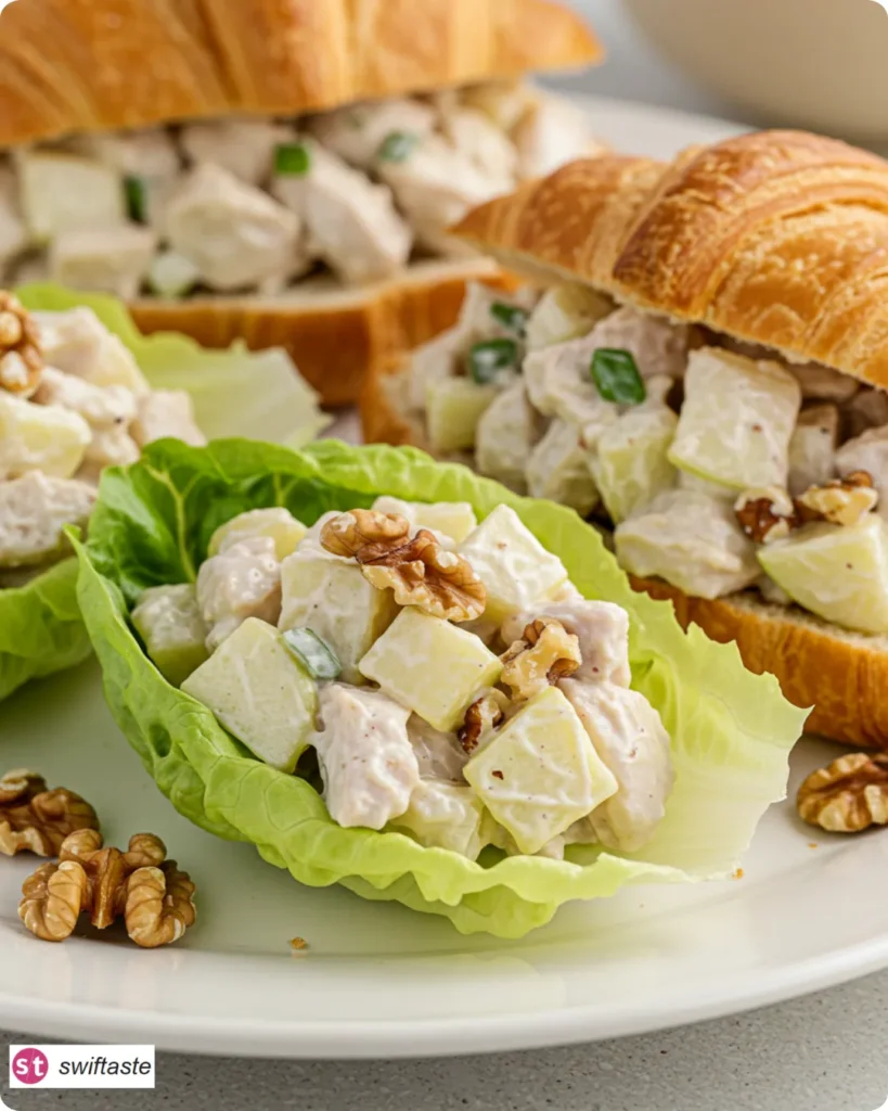 Creamy Apple Walnut Chicken Salad served in croissants and lettuce cups