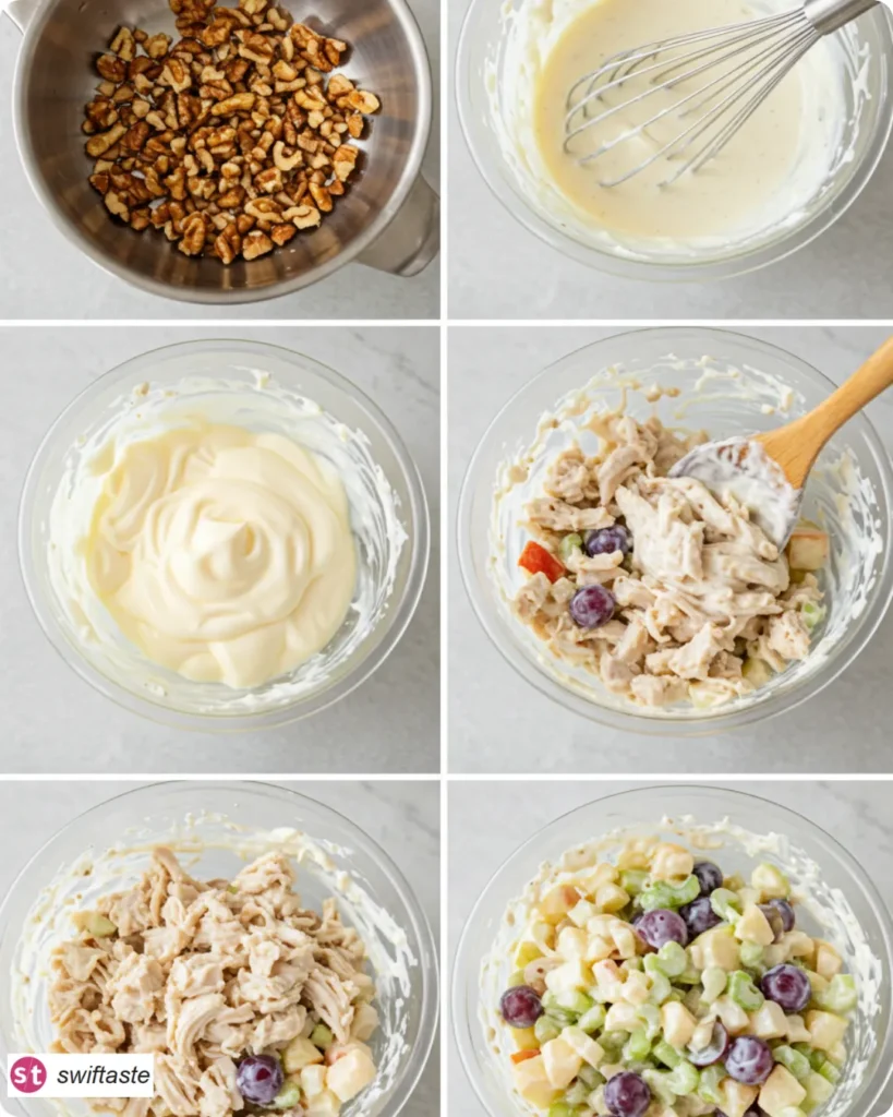 Steps for Creamy Apple Walnut Chicken Salad: toast, whisk, fold, chill