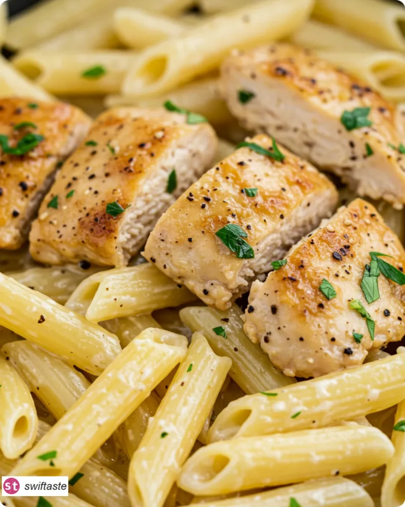 Creamy Garlic Parmesan Chicken Pasta with glossy sauce
