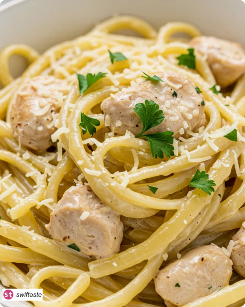Served Creamy Garlic Parmesan Chicken Pasta with parsley