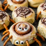 Creepy Crawly Cinnamon Rolls with chocolate webs and pretzel legs