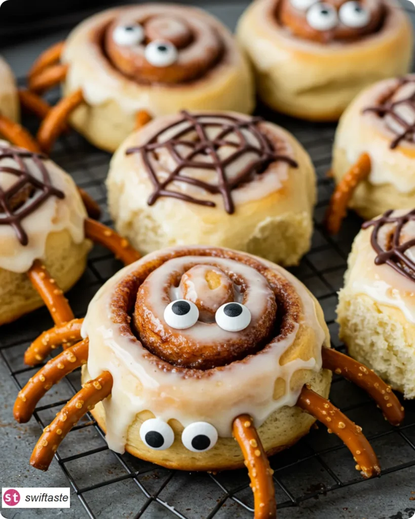 Creepy Crawly Cinnamon Rolls with chocolate webs and pretzel legs