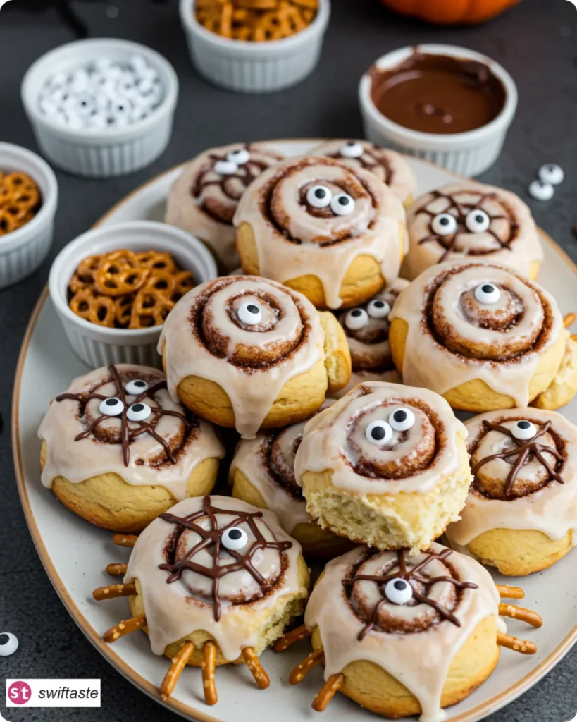 Creepy Crawly Cinnamon Rolls on serving platter with spider decorations