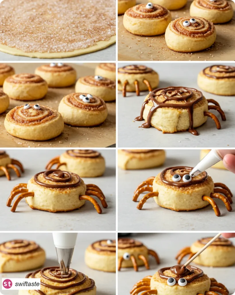 Steps for Creepy Crawly Cinnamon Rolls with piping chocolate webs