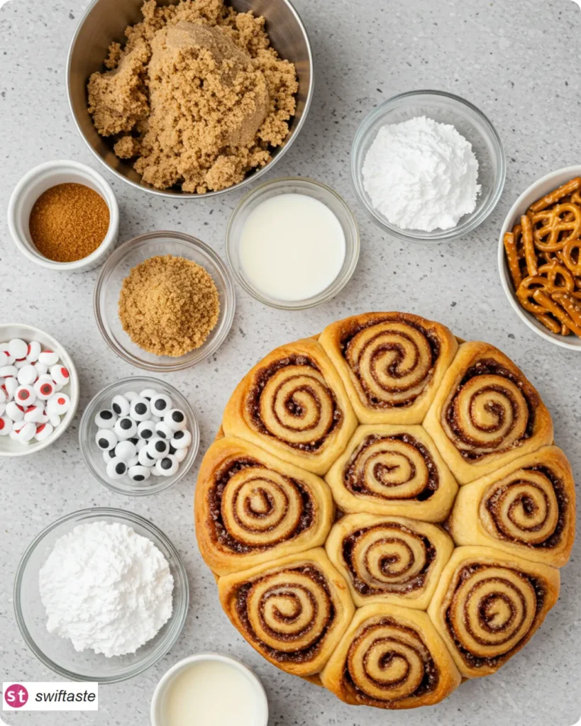 Ingredients for Creepy Crawly Cinnamon Rolls with candy eyes and pretzels