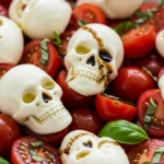 Creepy Skull Mozzarella Salad with basil and balsamic glaze