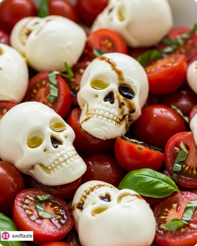 Creepy Skull Mozzarella Salad with basil and balsamic glaze