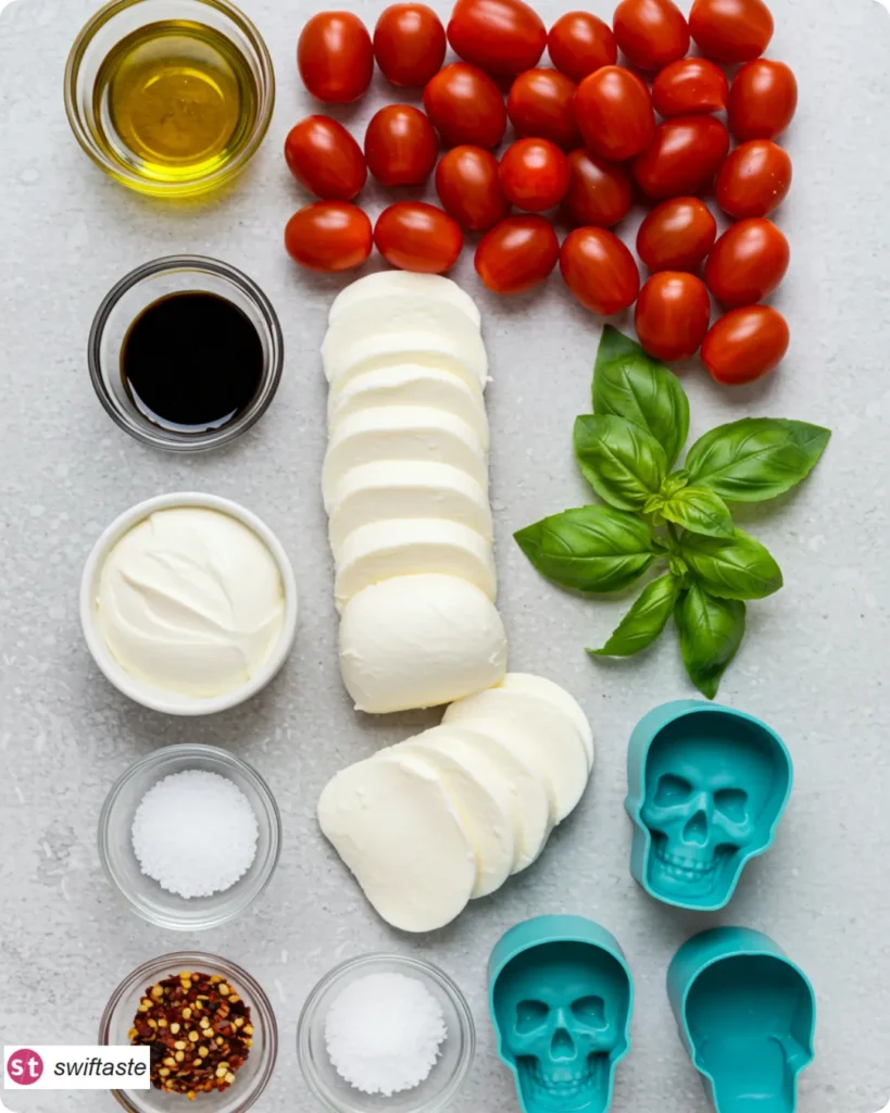 Ingredients for Creepy Skull Mozzarella Salad with skull molds