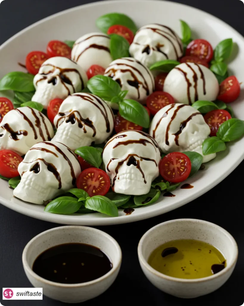 Creepy Skull Mozzarella Salad on a platter with extra glaze