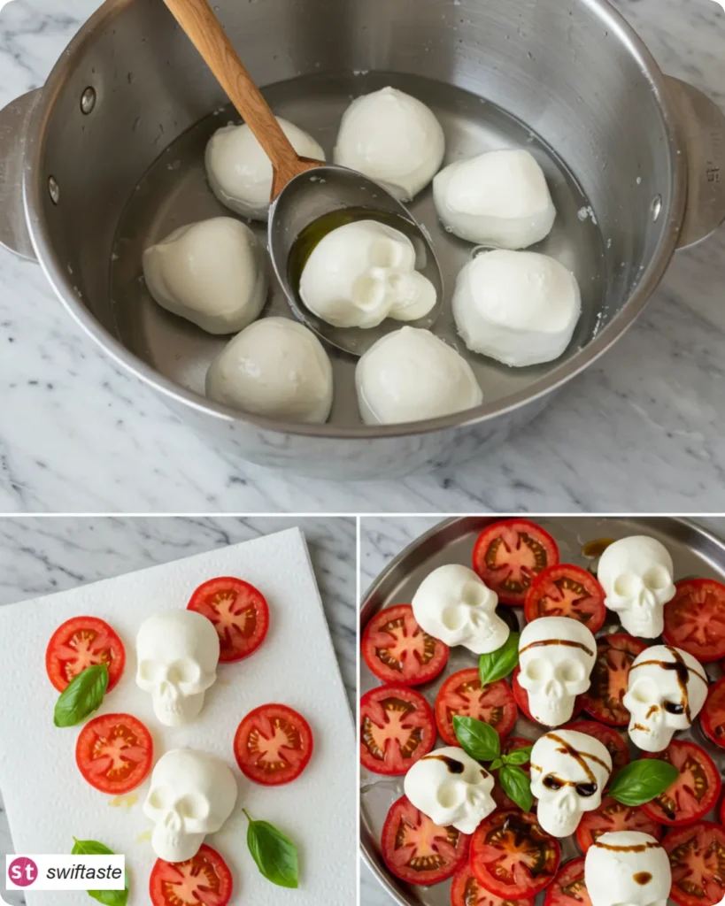 Step-by-step Creepy Skull Mozzarella Salad from molding to plating
