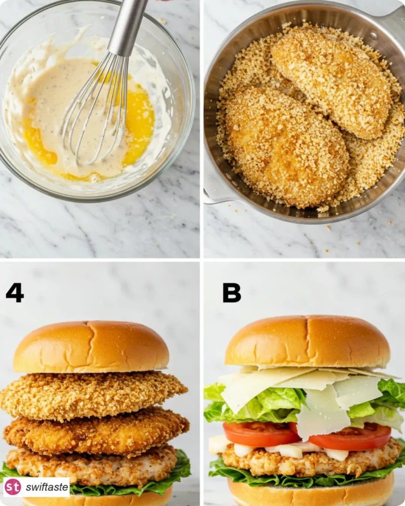 Steps for Crunchy Chicken Caesar Sandwich assembly
