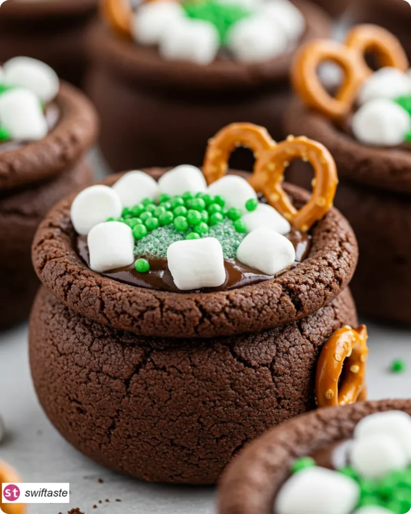 Easy Cauldron Cookies chocolate cups with pretzel handles