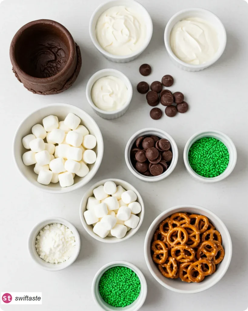 Ingredients for Easy Cauldron Cookies with pretzels and ganache