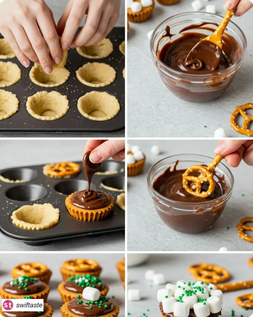 Steps for Easy Cauldron Cookies with cups, ganache, and pretzels