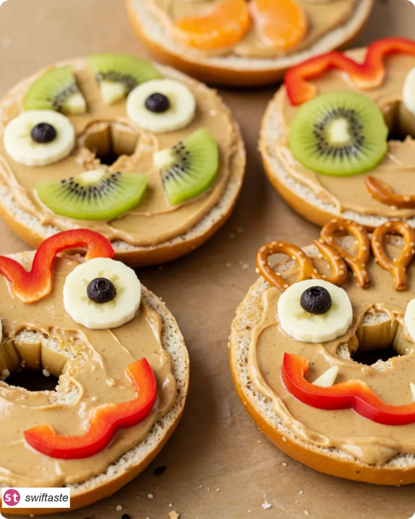 Easy Monster Bagels for Kids with fruit eyes and pretzel hair