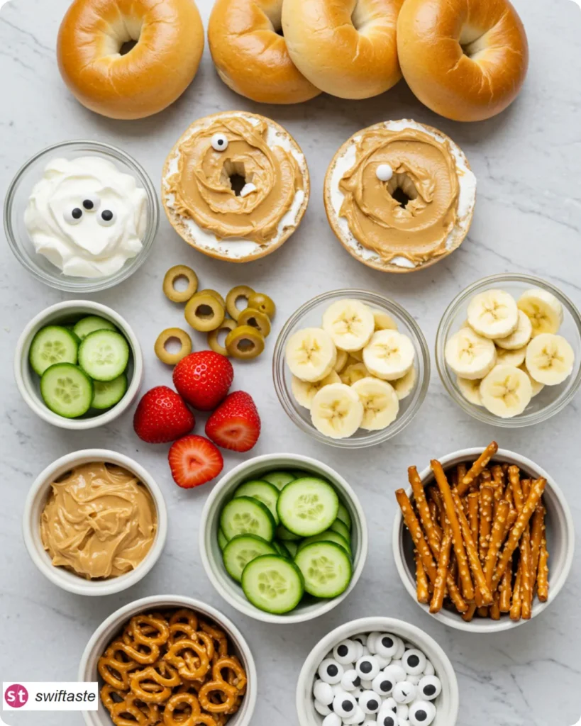 Ingredients for Easy Monster Bagels for Kids arranged in bowls