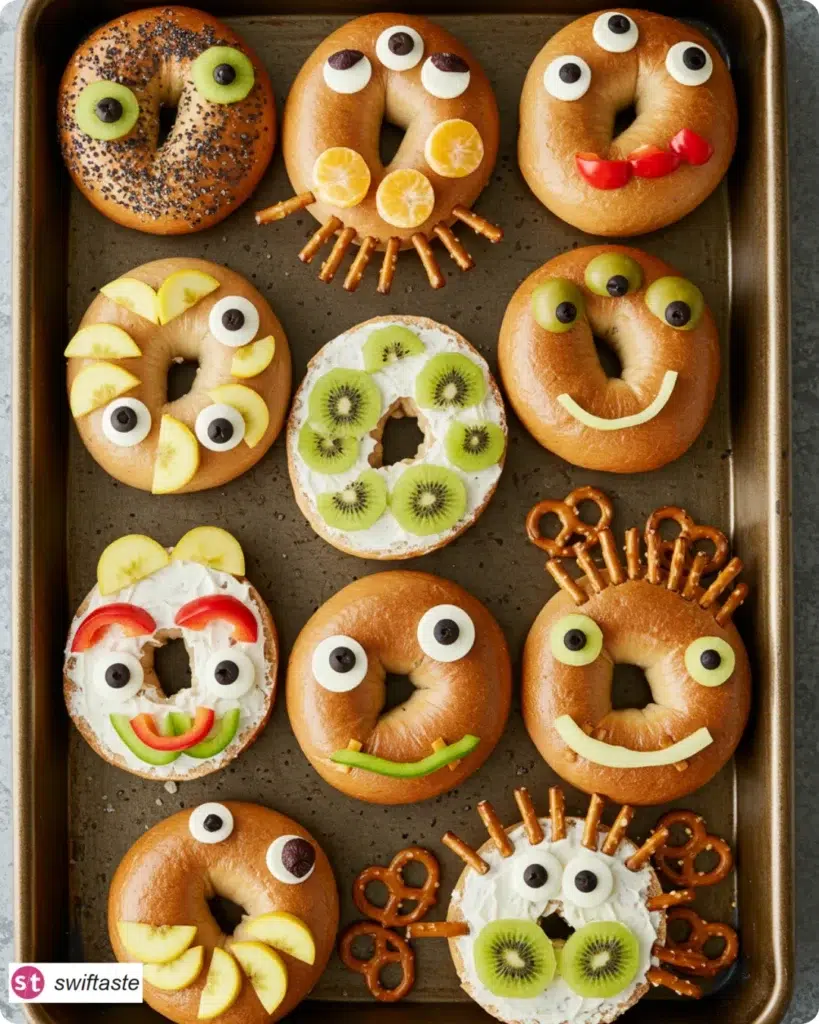 Tray of Easy Monster Bagels for Kids with assorted faces