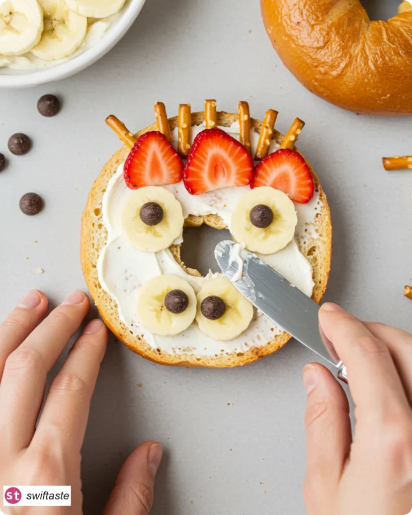Assembling Easy Monster Bagels for Kids with fruit features