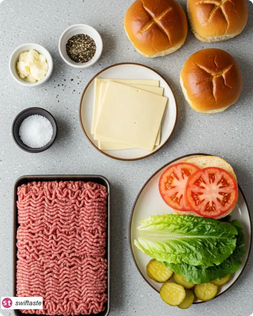 Ingredients for Easy Stovetop Burgers arranged flat-lay