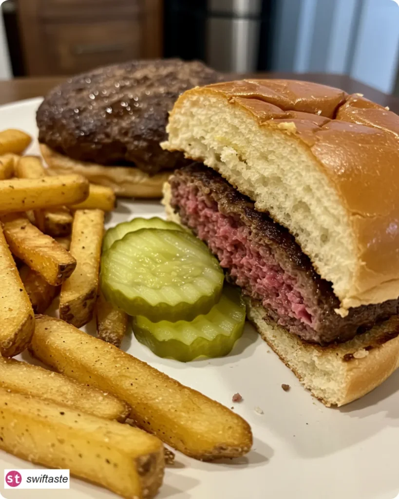 Easy Stovetop Burgers served with fries and pickles