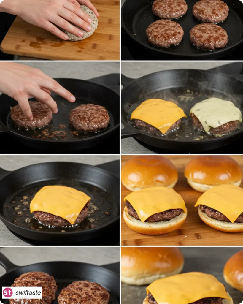 Steps for Easy Stovetop Burgers: form, sear, flip, melt, assemble