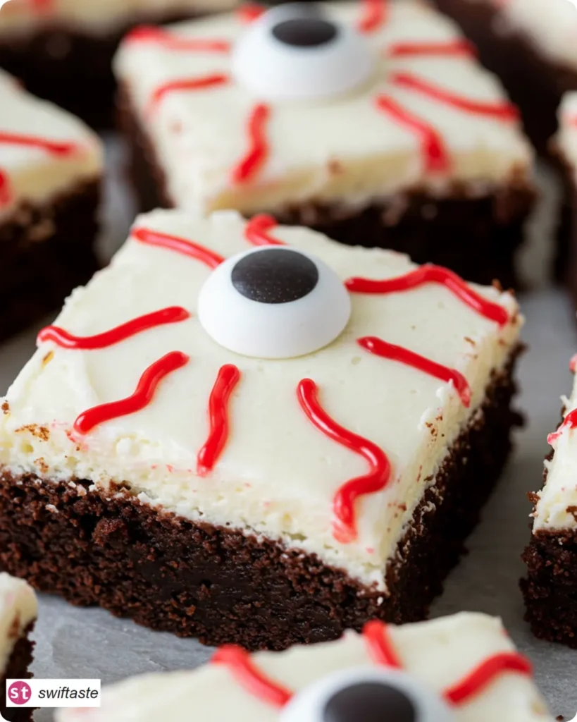 Eyeball Brownies on a platter with candy eyes and red veins