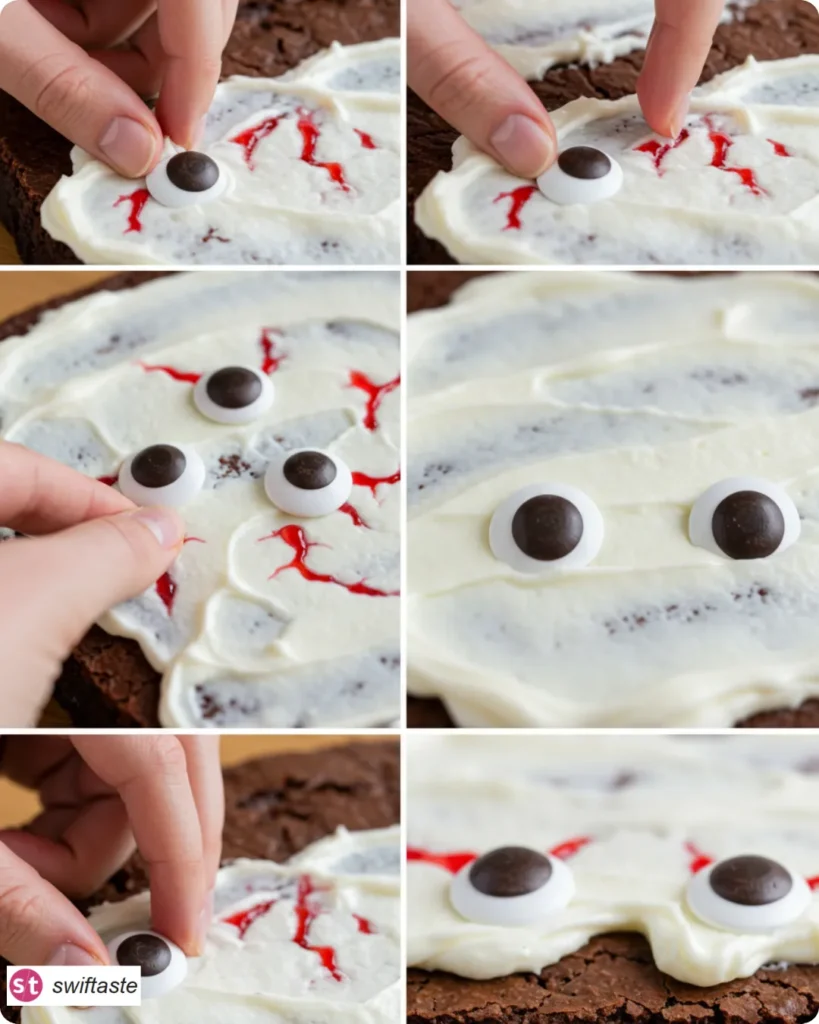 Steps to decorate Eyeball Brownies with frosting, eyes, and red gel veins