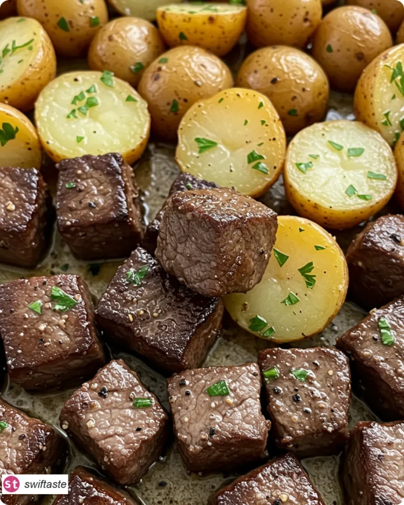 Garlic Steak Bites and Potatoes skillet with garlic butter
