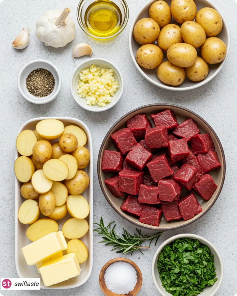 Ingredients for Garlic Steak Bites and Potatoes with garlic butter