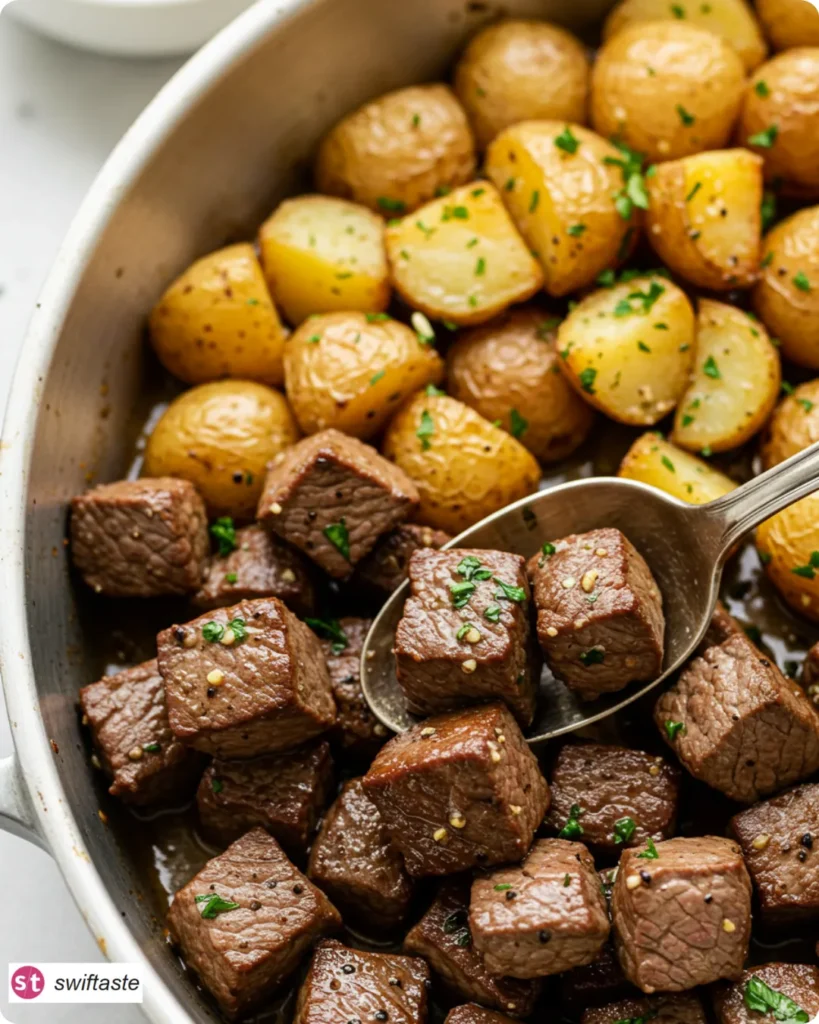 Plated garlic steak bites and potatoes with glossy garlic butter and crisp edges ready to eat